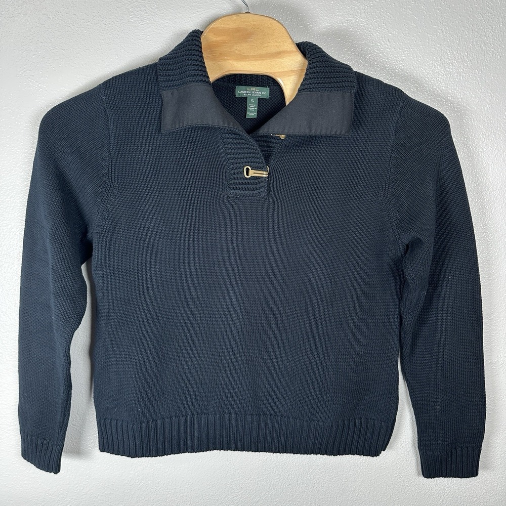 Lauren Ralph Lauren Black Cotton Sweater Womens XL Toggle Close Collared Classic